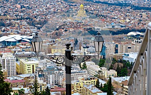 Tbilisi city panorama. River Kura, and the Bridge of Peace