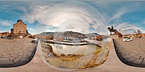 Tbilisi, Georgia - 2021: City center of Tiflis. Kura bridge. Summer. Blue sky. 3D spherical panorama with 360 viewing angle. Ready