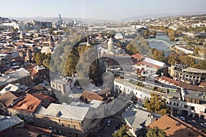 Tbilisi Georgia aerial drone view from above, Kura river and old town of Tbilisi cityscape