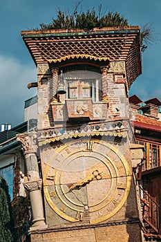 Tbilisi, Georgia. Close Up Details Of Famous Rezo Gabriadze Marionette Theater Clock Tower On Old City. Puppet Theater
