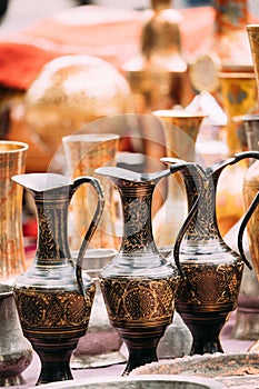 Tbilisi, Georgia. Close View Of Jugs In Shop Flea Market Of Antiques Old Retro Vintage Things