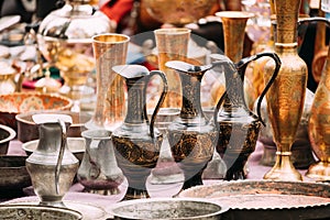 Tbilisi, Georgia. Close View Of Jugs In Shop Flea Market Of Antiques Old Retro Vintage Things