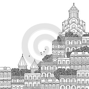 Tbilisi, Georgia - hand drawn black and white illustration