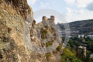 Tbilisi, Georgia - October 21, 2019: Ancient ruins of Narikala fortress on a high mountain in Tbilisi