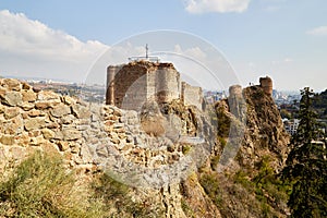 Tbilisi, Georgia - October 21, 2019: Ancient ruins of Narikala fortress on a high mountain in Tbilisi