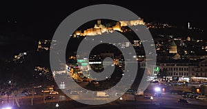 Tbilisi, Georgia. Panoramic Night Scenic View Of Impregnable Narikala Fortress, Georgia Mother Monument. Cityscape