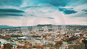 Tbilisi, Georgia. Skyline Cityscape Of Autumn Old Town. Central Part Of City With Famous Landmarks