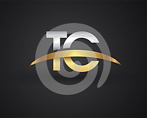 TC initial logo company name colored gold and silver swoosh design. vector logo for business and company identity