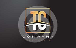TC T C Golden Letter Logo Design with Gold Square and Swoosh.