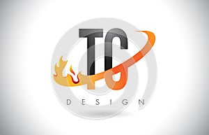 TC T C Letter Logo with Fire Flames Design and Orange Swoosh.