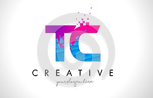 TC T C Letter Logo with Shattered Broken Blue Pink Texture Design Vector.