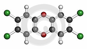 TCDD polychlorinated dibenzodioxin pollutant molecule, 3D rendering (commonly called dioxin). Byproduct formed during incineration