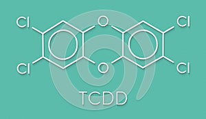 TCDD polychlorinated dibenzodioxin pollutant molecule (commonly called dioxin). Byproduct formed during incineration of chlorine-