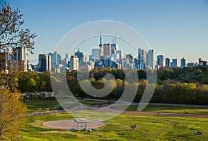 TDowntown Toronto Canada panoramic cityscape skyline view over Riverdale Park in Ontario