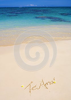 Te amo written on a sandy beach