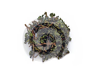 Te Guan Yin mao cha Green Tea, Oolong tea from cuttings laid out in the shape of a circle isolated on a white background photo