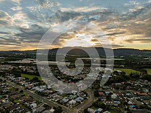 Te Puke city aerial view at sunset on a summer day. Bay of Plenty Region, New Zealand