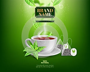 Tea ad background. Realistic green and black drink advertisement with branded teabags. Leaves and porcelain cup on photo