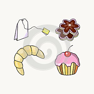 Tea bag, cookies, croissant cupcake. eps10 vector illustration. hand