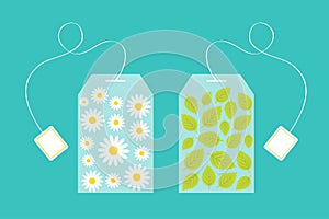 Tea bag herbal chamomile daisy camomile flower mint, spearmint inside. Teabag packaging with label icon set. Top wiew. Flat design