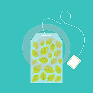 Tea bag herbal mint leaf set inside. Teabag packaging with label icon. Top wiew. Flat design. Isolated. Green background