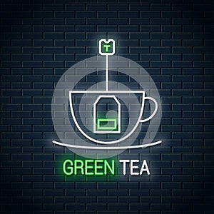 Tea bag inside a tea cup neon sign. Green tea neon