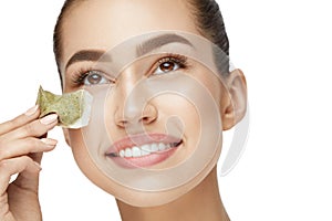 Tea Bag Under Eye. Beautiful Woman With Fresh Healthy Skin