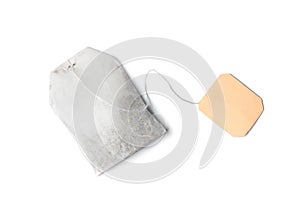 Tea bag on white background top view