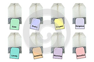 Tea bags with different label tags, hot tea with choosable character trait.