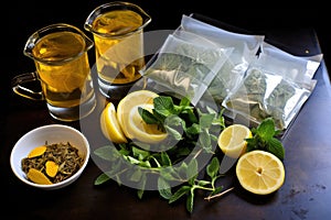 tea bags, lemon, and mint leaves arranged for iced tea preparation