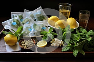 tea bags, lemon, and mint leaves arranged for iced tea preparation