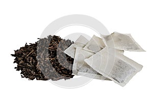 Tea bags and loose tea on a white background