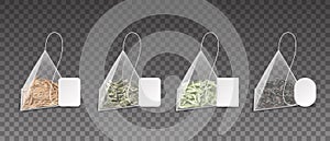 Tea bags. Realistic pyramids. 3D teabags for brewing green or black and herbal beverages. Packs set with cardboard blank