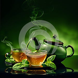 Čaj bytí nalil pohár pára a bazalka listy zelený 