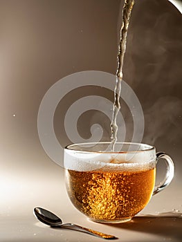 Tea being poured into glass tea cup with steam on brown monochrome background