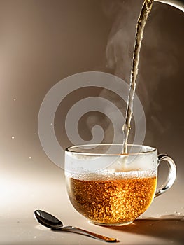 Tea being poured into glass tea cup with steam and splashes on brown monochrome background