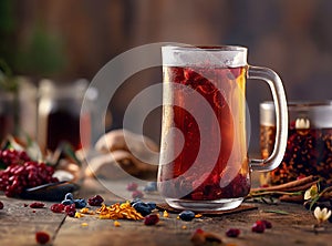 Tea with berries in a glass on a cozy wooden background Fruit tea in a glass. Tea aesthetic