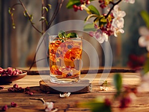 Tea with berries in a glass on a cozy wooden background Tea yogurt beverage with berries Fruit tea in a glass. Tea spring