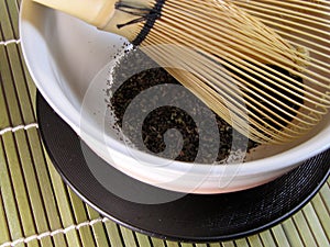 Tea bowl and traditional bamboo wisk-detail