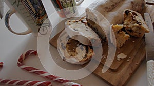 Tea break at Christmas time with plate of mince pies in background.Food video