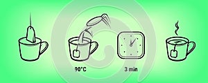 Tea brewing instruction icons of tea bag and cup, vector brew preparation method. Teabag brew mug and making icons brewing steps