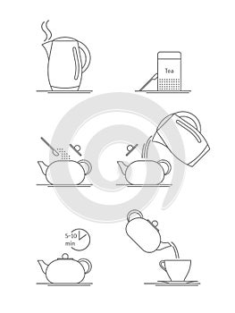 Tea Brewing Thin Line Set. Vector