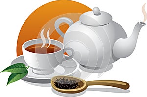 Tea ceramic pot and a cup of tea, tea leaves icon elements 3D Hand drawn modern Vector illustration symbol of teapot