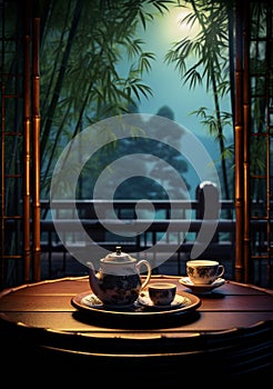 Tea ceremony in the bamboo garden at night