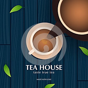 Tea Ceremony with cup and teapot. Black tea banner with leaves and wooden background.