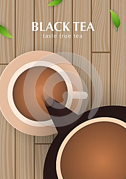 Tea Ceremony with cup and teapot. Black tea banner with leaves and wooden background.