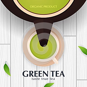 Tea Ceremony with cup and teapot. Green tea banner with leaves and wooden background.