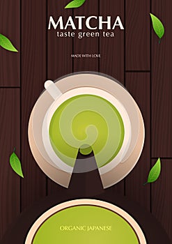 Tea Ceremony with cup and teapot. Matcha Japanese Green tea banner with leaves and wooden background.