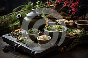 Tea ceremony glasses herbs. Generate Ai