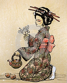 Tea ceremony in Japanese style: geisha with teapot
